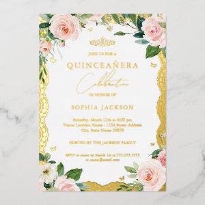 Photo Elegant Gold Lace Pink Floral Quinceanera  Foil