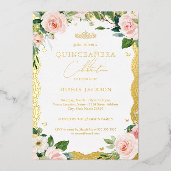 Photo Elegant Gold Lace Pink Floral Quinceanera  Foil