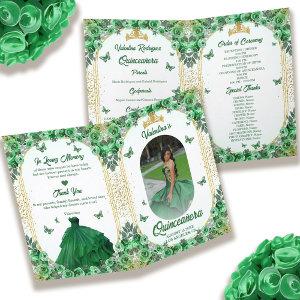 Photo Green Gold Glitter Floral Quinceanera Program