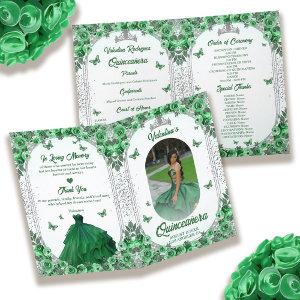 Photo Green Silver Glitter Floral Quinceanera Program