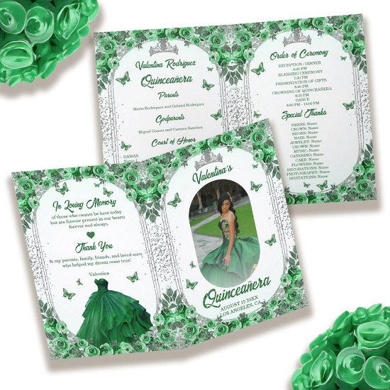 Photo Green Silver Glitter Floral Quinceanera Program