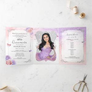 Photo Light Purple and Pink Floral Quinceanera Tri-Fold