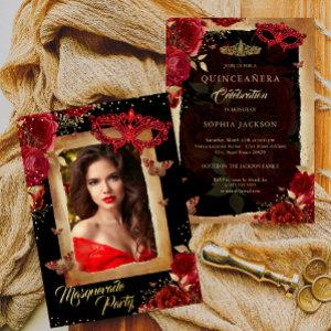 Photo Masquerade Party Quinceanera Red Rose Gold  Foil