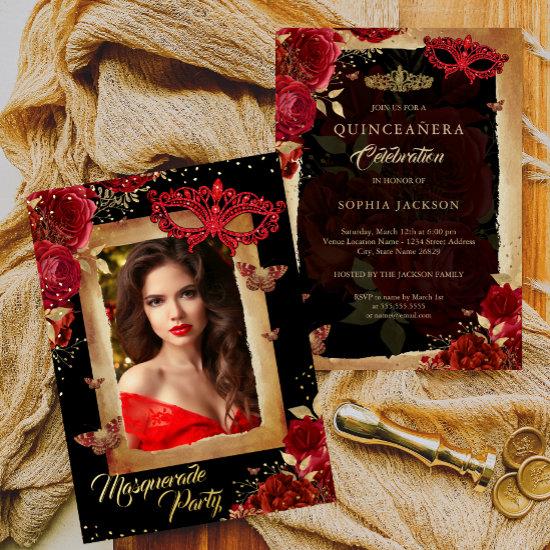 Photo Masquerade Party Quinceanera Red Rose Gold  Foil