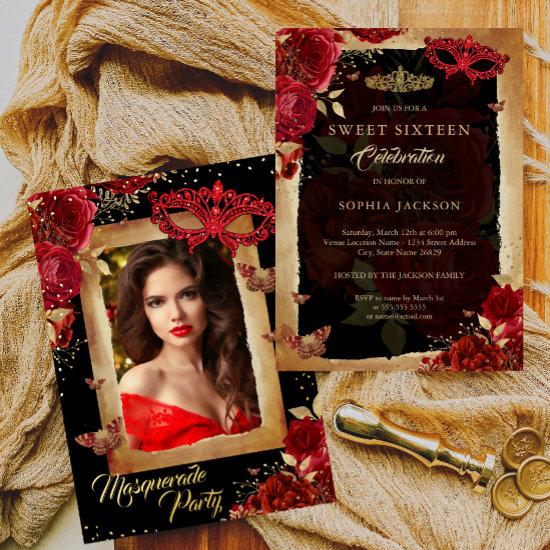 Photo Masquerade Party Sweet Sixteen Red Rose Gold Foil