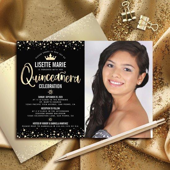 Photo Quinceañera Black Gold Glitter Girly Tiara