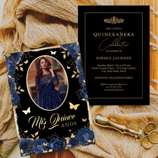 Photo Quinceanera Navy Blue Gold Rose Butterfly Foil