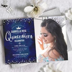 Photo Quinceañera Navy Silver Glitter Script Crown