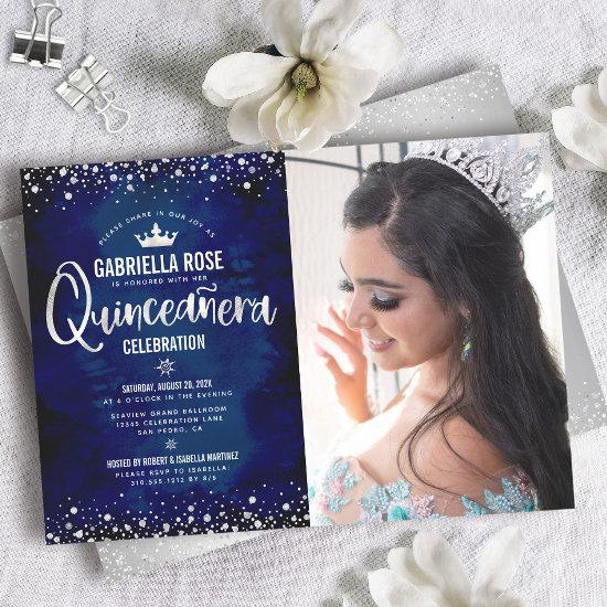 Photo Quinceañera Navy Silver Glitter Script Crown