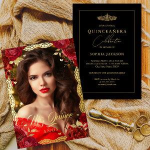 Photo Quinceanera Red Rose Gold Lace Birthday  Foil