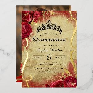 Photo Red Floral Scroll Quinceanera  Foil