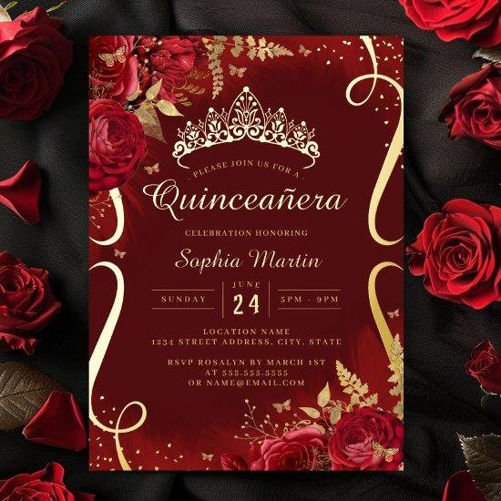 Photo Red Gold Floral Scroll Quinceanera  Foil