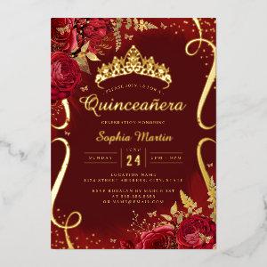 Photo Red Gold Floral Scroll Quinceanera  Foil