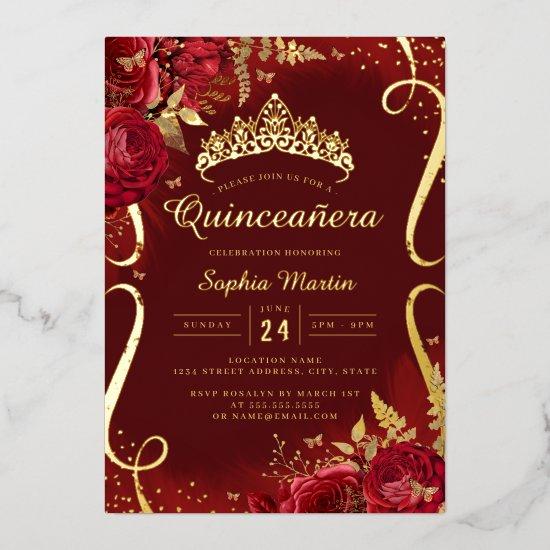 Photo Red Gold Floral Scroll Quinceanera  Foil