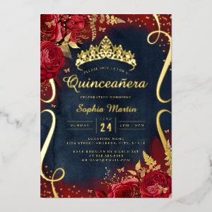 Photo Red Gold Navy Floral Scroll Quinceanera  Foil
