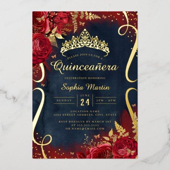 Photo Red Gold Navy Floral Scroll Quinceanera  Foil