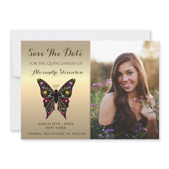Photo Save The Date Gold Quinceanera Butterfly