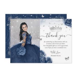Photo Silver Navy Blue Quinceanera Flat Thank You Card