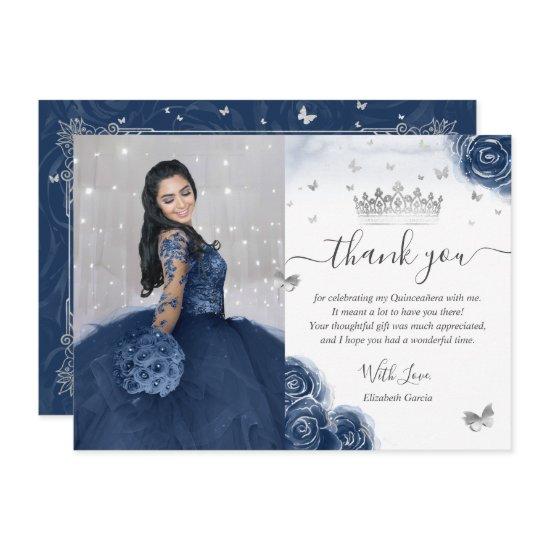 Photo Silver Navy Blue Quinceanera Flat Thank You Card