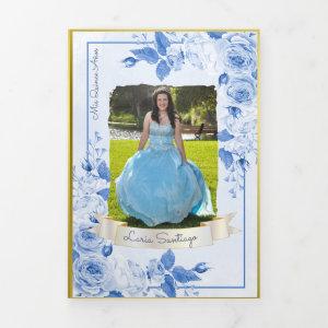 Photo Spanish Light Blue Gold Roses Quinceanera Tri-Fold