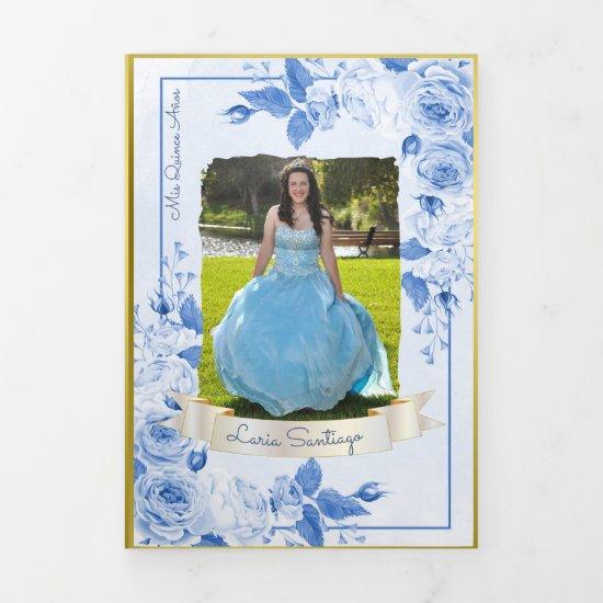 Photo Spanish Light Blue Gold Roses Quinceanera Tri-Fold