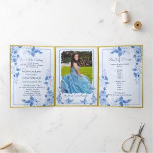 Photo Spanish Light Blue Gold Roses Quinceanera Tri-Fold