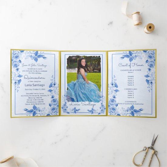 Photo Spanish Light Blue Gold Roses Quinceanera Tri-Fold