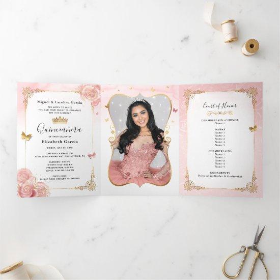 Photo Spanish Light Pink and Gold Quinceanera Tri-Fold