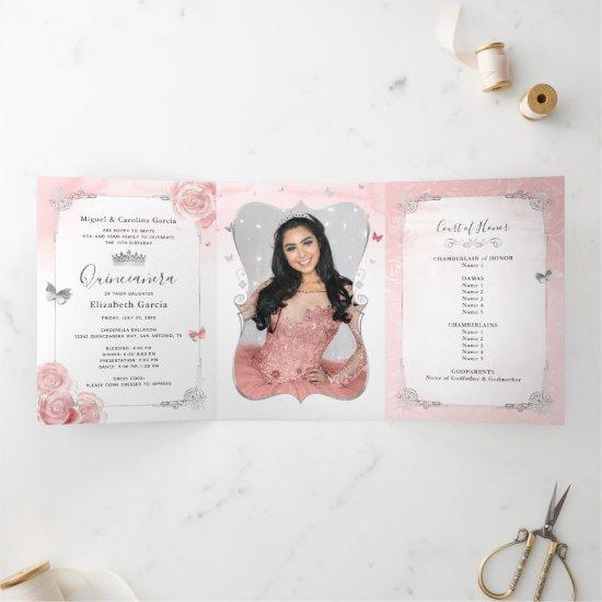 Photo Spanish Light Pink Silver Quinceanera Tri-Fold