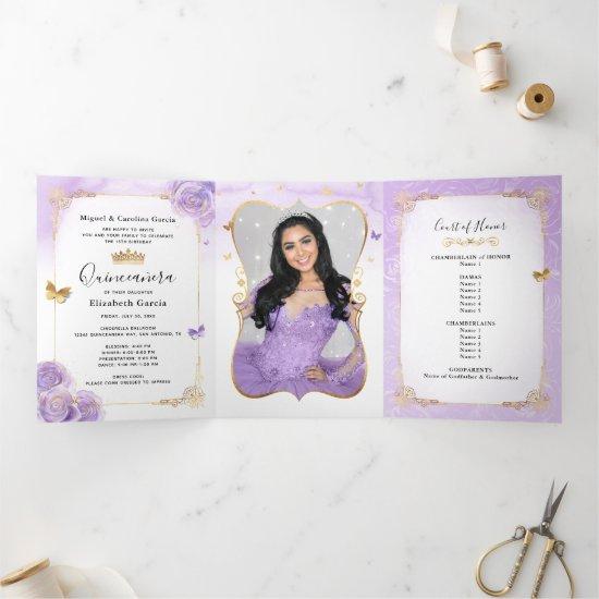 Photo Spanish Light Purple and Gold Quinceanera Tri-Fold