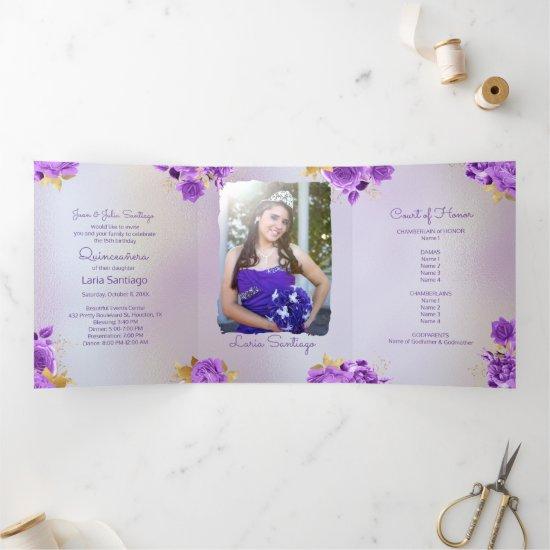 Photo Spanish Pearl and Purple Roses Quinceanera  Tri-Fold