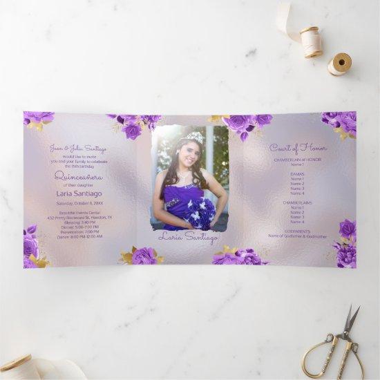Photo Spanish Pearl and Purple Roses Quinceanera  Tri-Fold