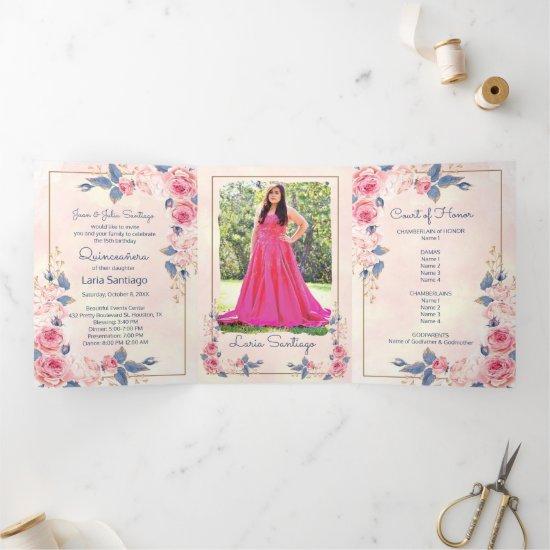 Photo Spanish  Pink Blue Roses Quinceanera  Tri-Fold