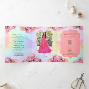 Photo Spanish Pink Roses Rainbow Quinceanera Tri-Fold