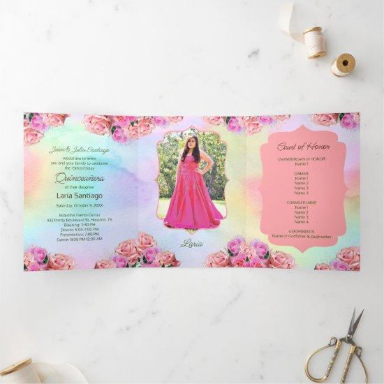 Photo Spanish Pink Roses Rainbow Quinceanera Tri-Fold