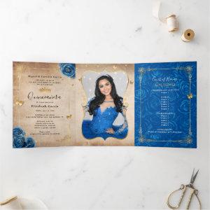 Photo Spanish Royal Blue Rose Gold Quinceanera Tri-Fold