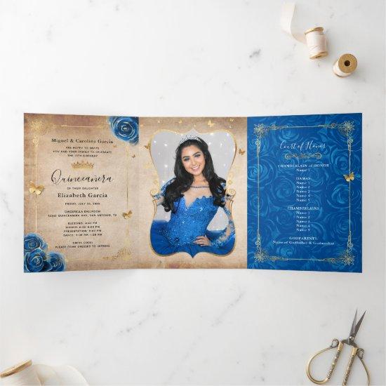 Photo Spanish Royal Blue Rose Gold Quinceanera Tri-Fold