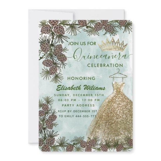 Pine cone watercolor gold tiara Quinceañera