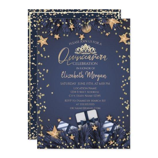 Pine Tree Branches,Diamonds Navy Blue Quinceañera