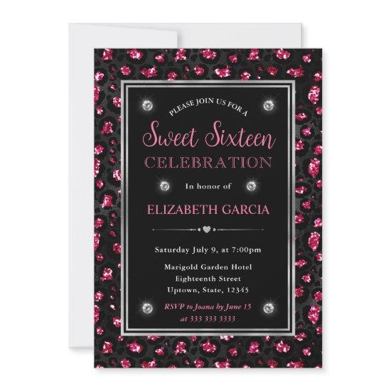 Pink and Black Glitter Leopard Spots Sweet Sixteen