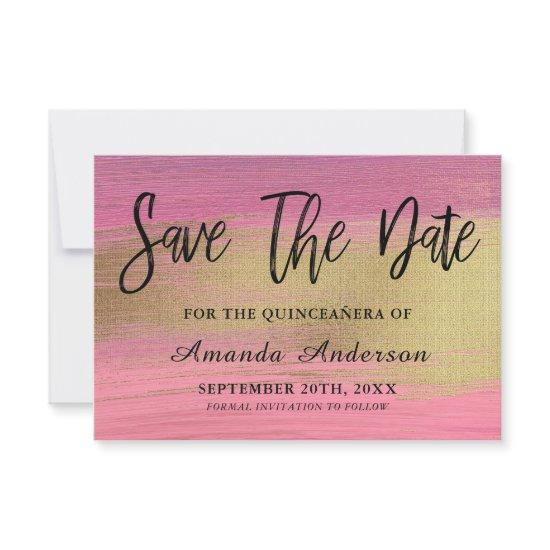 Pink And Gold Brush Script Quinceanera Save The Date