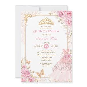 Pink and Gold Floral Crown Princess Quinceañera