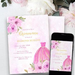 Pink and Gold Floral Princess Dress Quinceanera