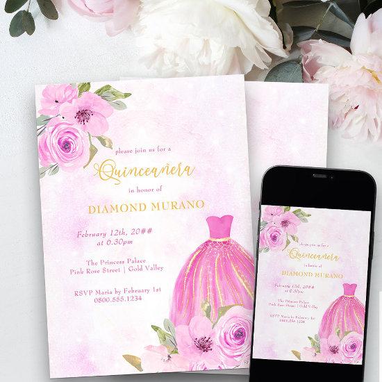 Pink and Gold Floral Princess Dress Quinceanera
