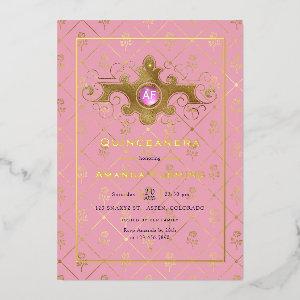 Pink and Gold Gemstone Quinceañera Monogram Foil