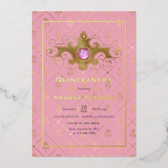 Pink and Gold Gemstone Quinceañera Monogram Foil