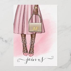 Pink and Gold Monogram Chic Quinceañera Foil Invit Foil