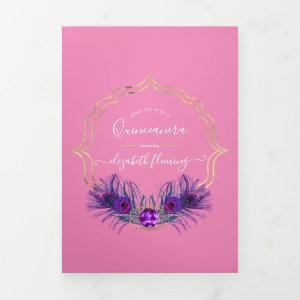 Pink and Gold Peacock Quinceañera  Tri-Fold