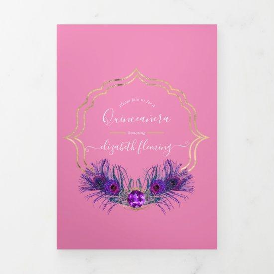 Pink and Gold Peacock Quinceañera  Tri-Fold