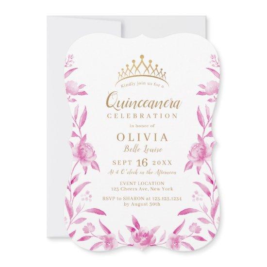 Pink and gold watercolor floral Quinceanera